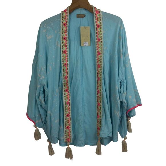 Skemo Boho Chic Cover Up Open Kimono Sleeve Embroidered Beaded Tassels L NWT - Picture 1 of 13